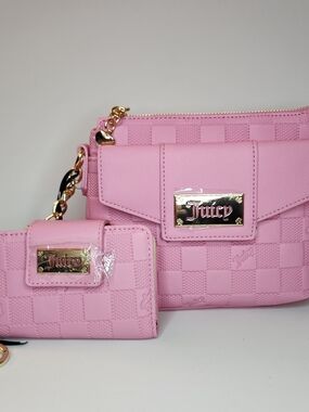 Juicy Couture Pink Checkered Crossbody Bag and Card Wallet Set